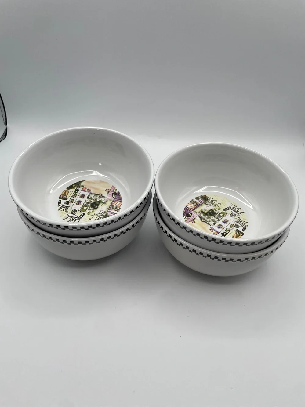 Set of 4 Bistro Cafe Scene Soup Bowls  6” Wide Black Check Border Ceramic
